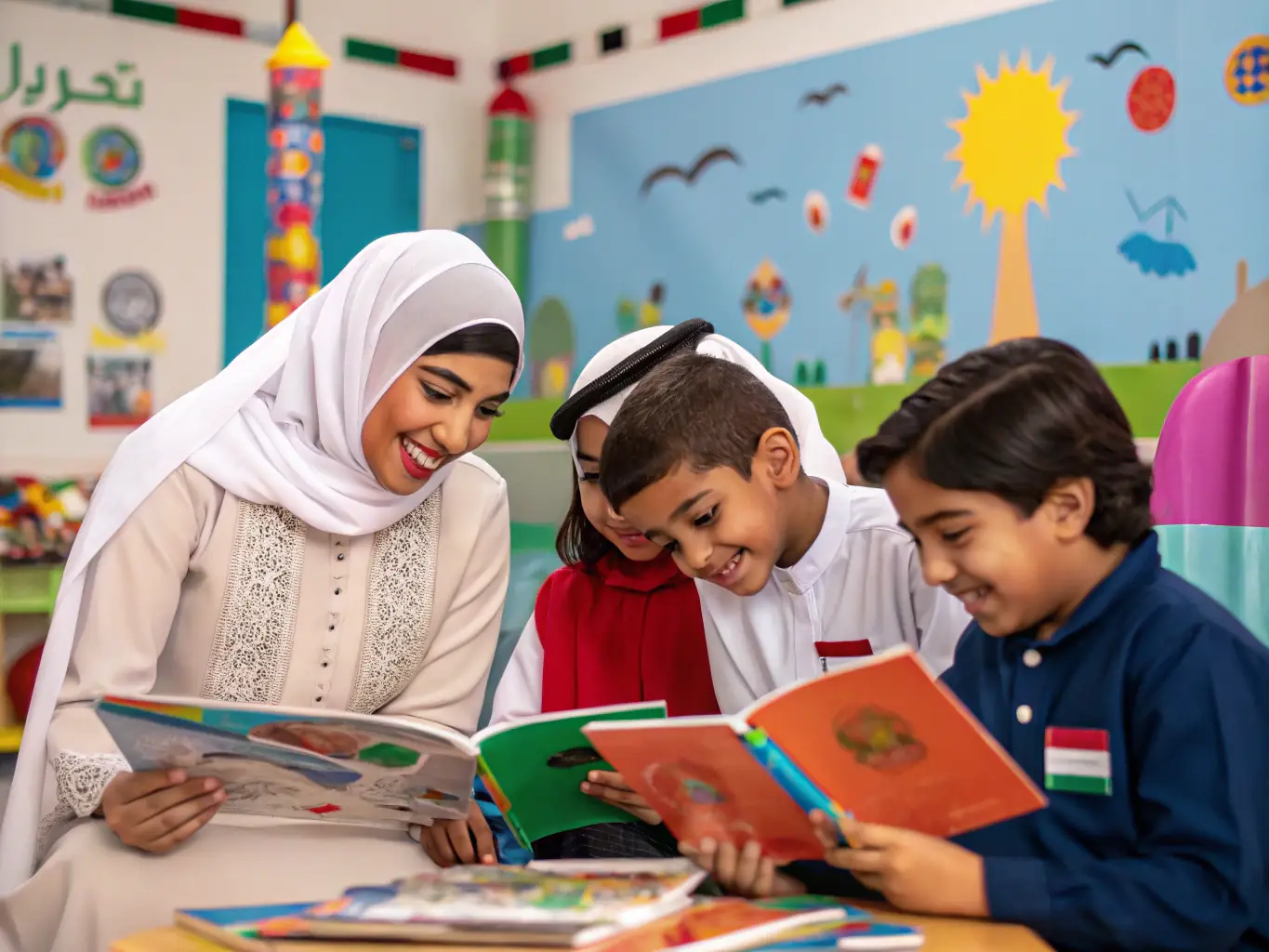 A group of Kuwait MCM students volunteering at a local school, helping children with their studies and engaging in fun learning activities.