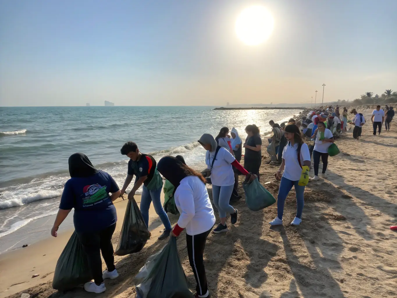 Kuwait MCM students participating in a beach cleanup event, collecting trash and promoting environmental awareness.