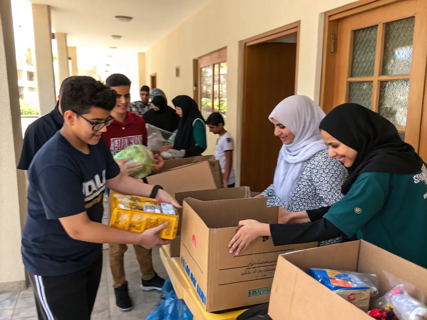 Kuwait MCM students collaborating with a local charity organization to distribute food and essential supplies to families in need.
