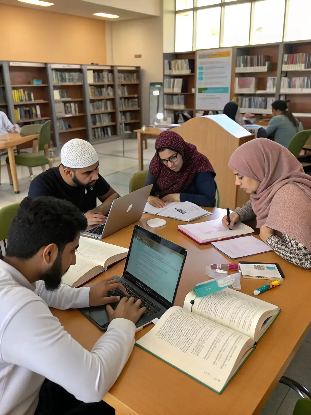 A group of Kuwait MCM students collaborating on a research project in the university library, surrounded by books and resources.